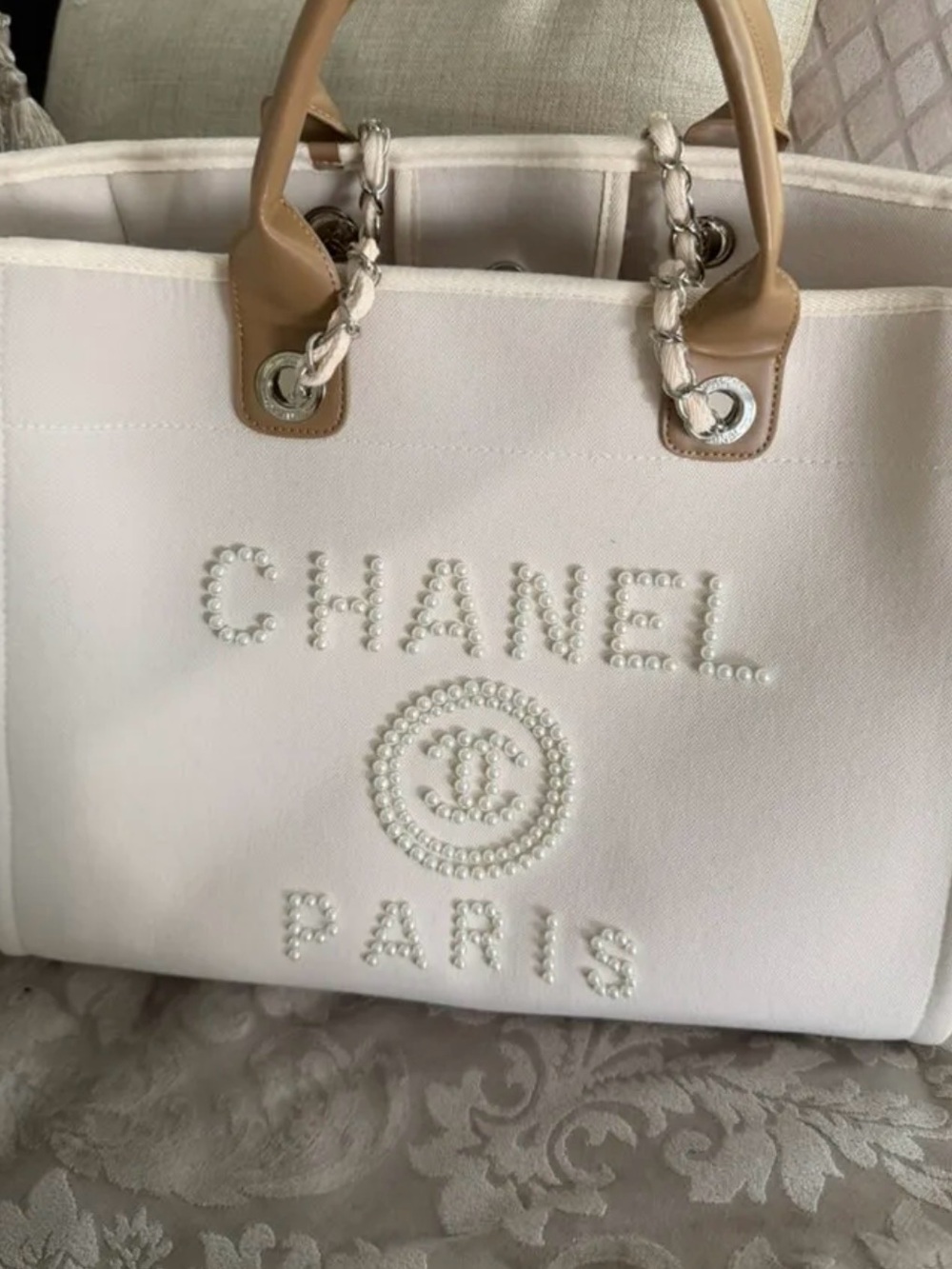White Canvas Tote with Tan Leather Handles and Pearl Logo